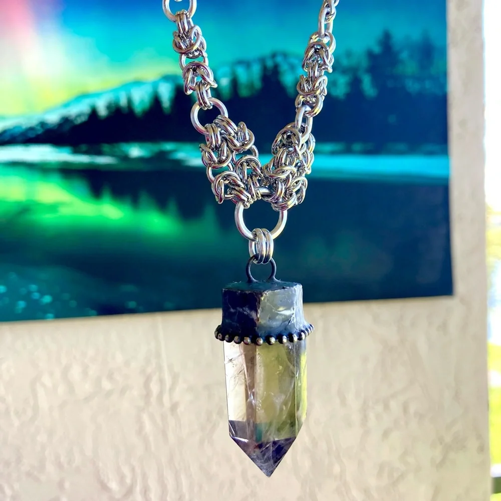 Handmade big raw black Smokey crystal quartz maille silver boho goth necklace - Picture 14 of 16